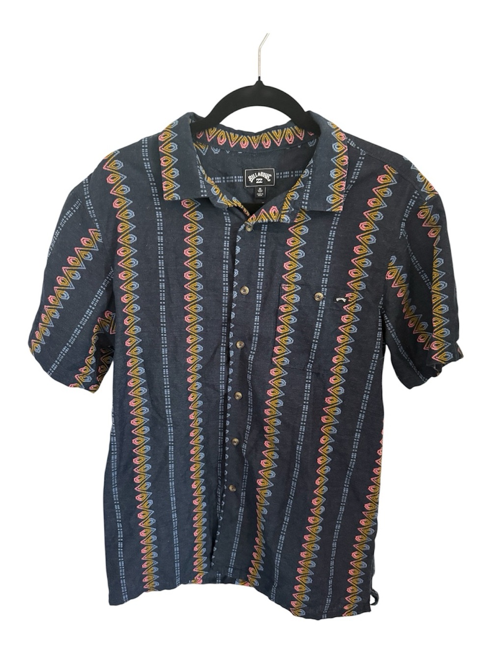 VTG Billabong Navy Short-Sleeve Button-Up Shirt with Multicolor Stripe Pattern
